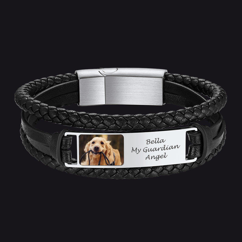 Personalized Leather Pet Photo Bracelet for Men