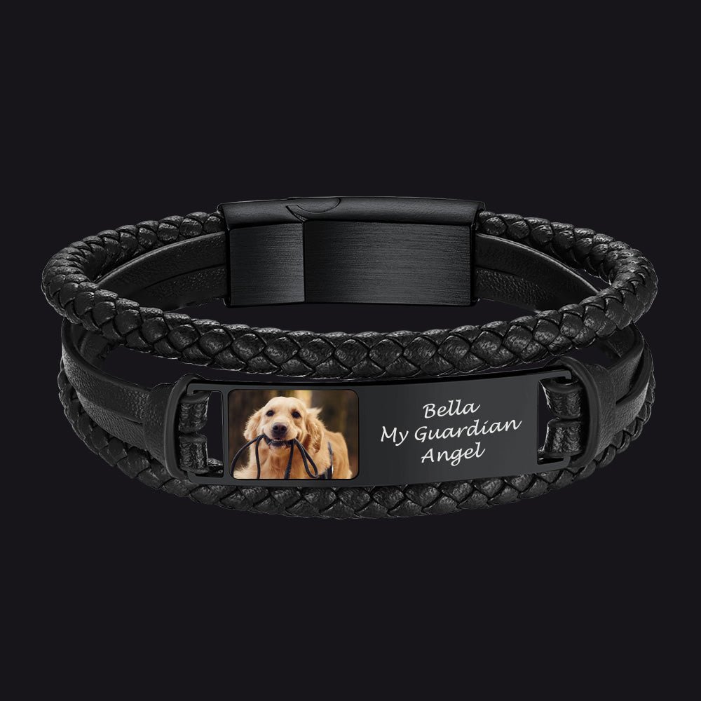 Personalized Leather Pet Photo Bracelet for Men
