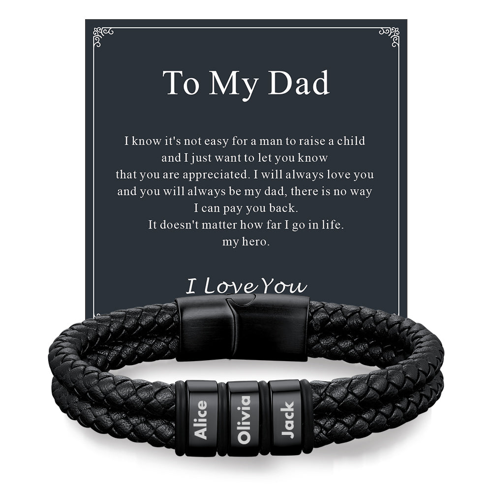 Black braided bracelet with name tags on a dark background with text