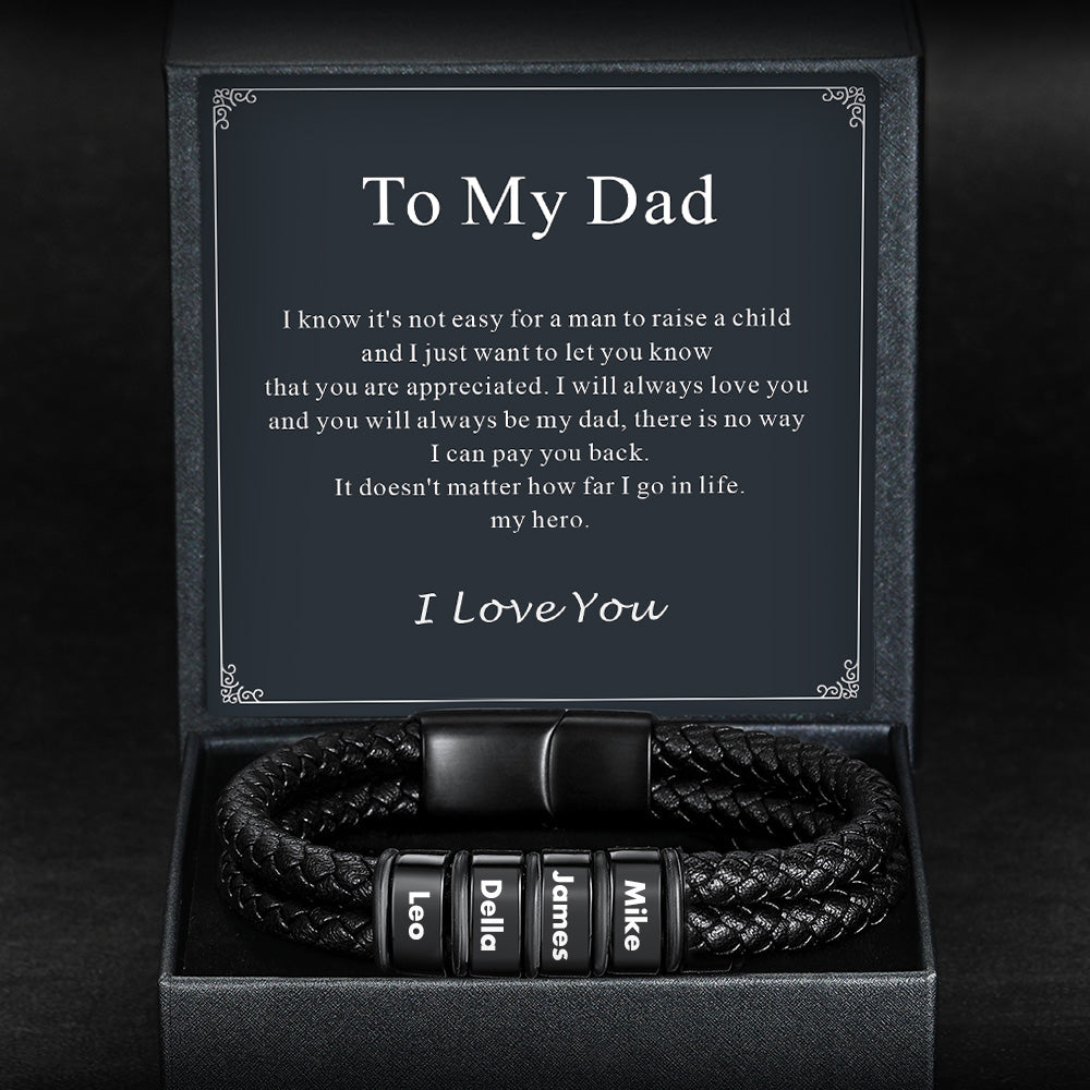Men's personalized leather bracelet with engraved names with gift card for dad
