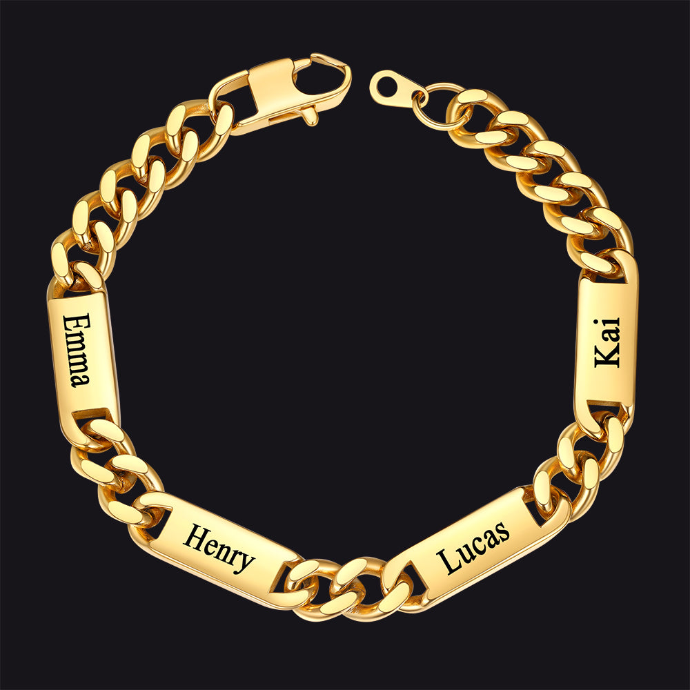 Gold / 4 Names / 9MM Customized Engraved Name Cuban Chain Bracelet for Men