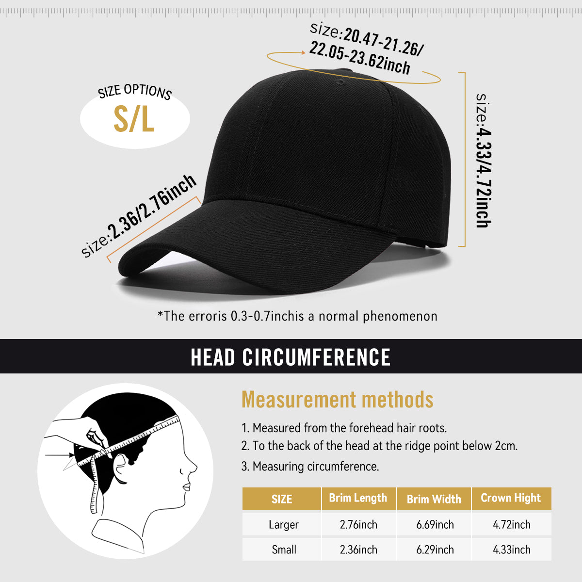 Black baseball cap with size chart and head circumference measurement guide on a white background