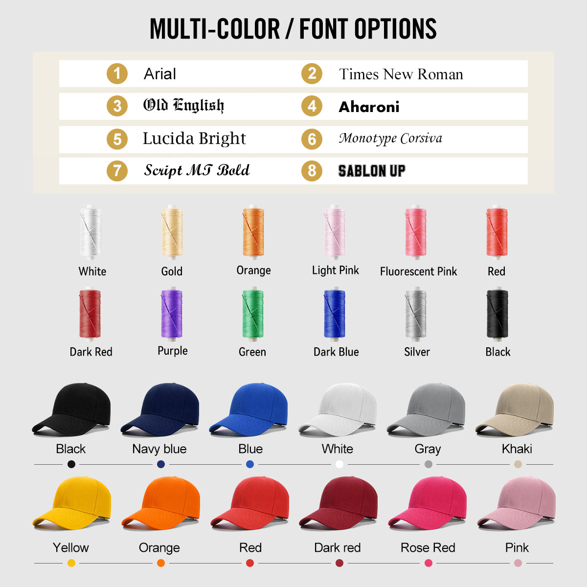 Color and font options for hats with text and color swatches.