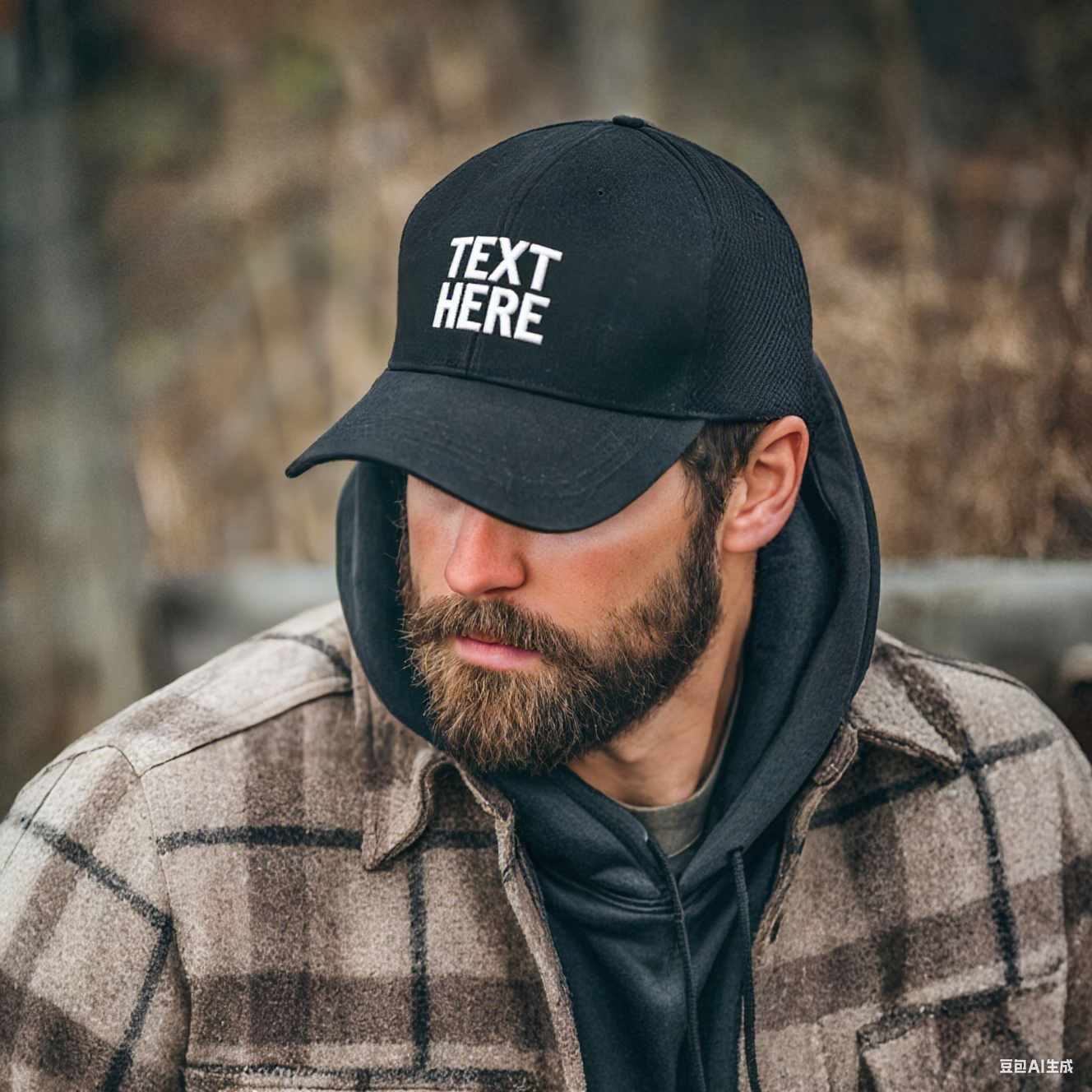 Man wearing a black cap with 'TEXT HERE' text, outdoors.