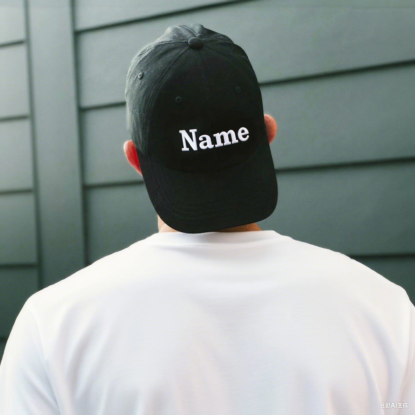 Person wearing a black cap with 'Name' printed on the back against a gray wall.