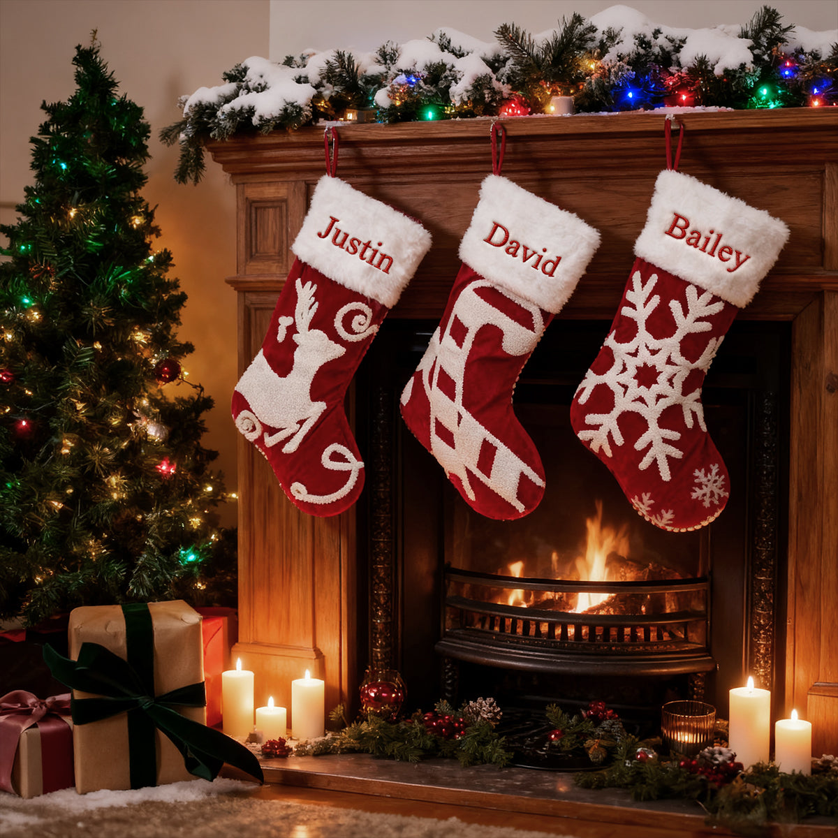 Three Christmas stockings hanging above a fireplace with personalized names, surrounded by festive decorations.