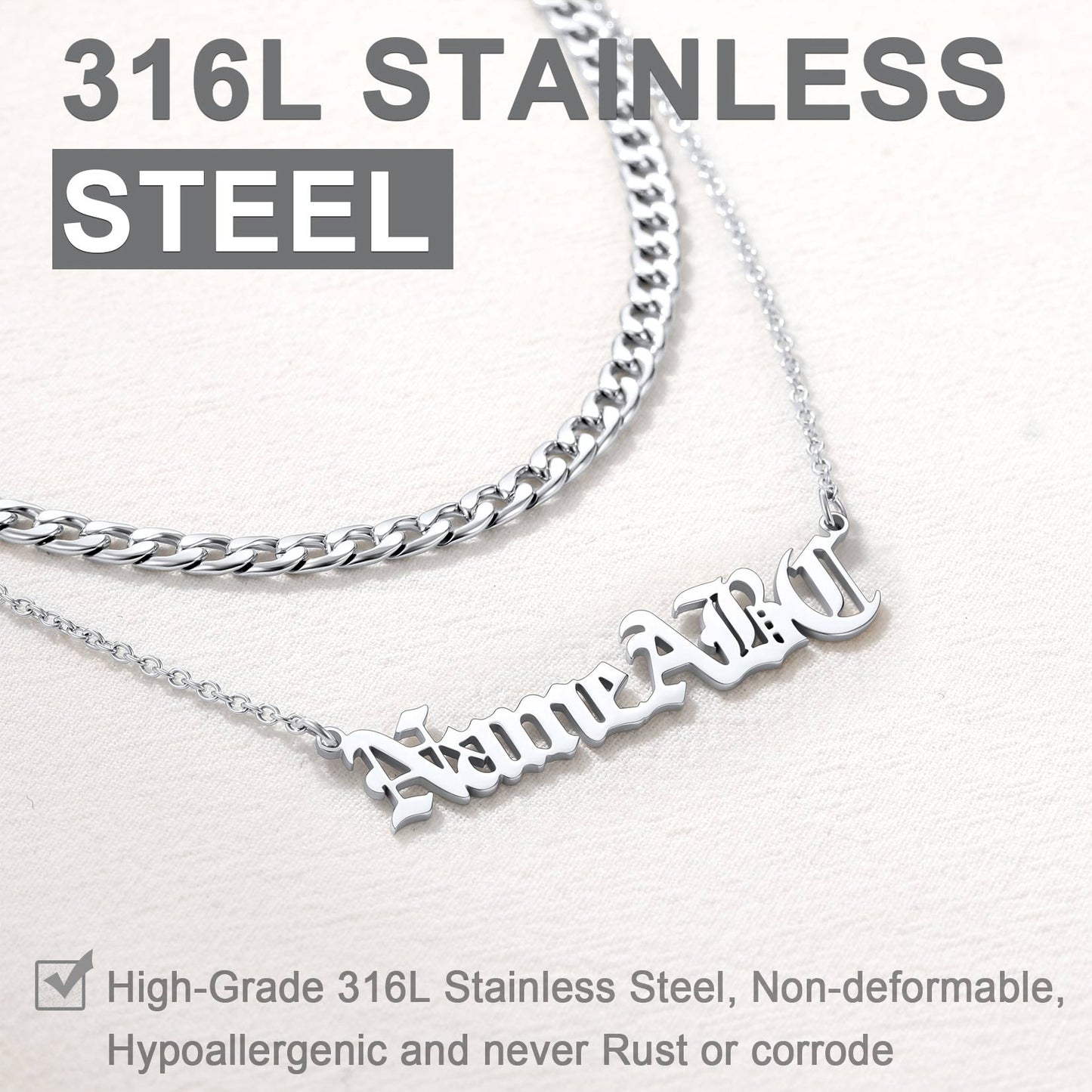 Silver chain necklace with 'Aimee' engraved on a white background, featuring text about 316L stainless steel.