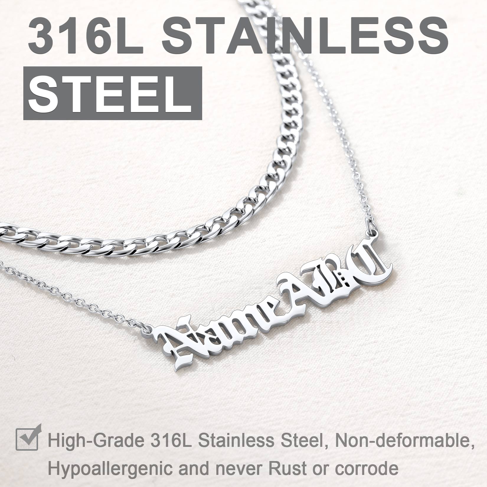 Silver chain necklace with 'Aimee' engraved on a white background, featuring text about 316L stainless steel.