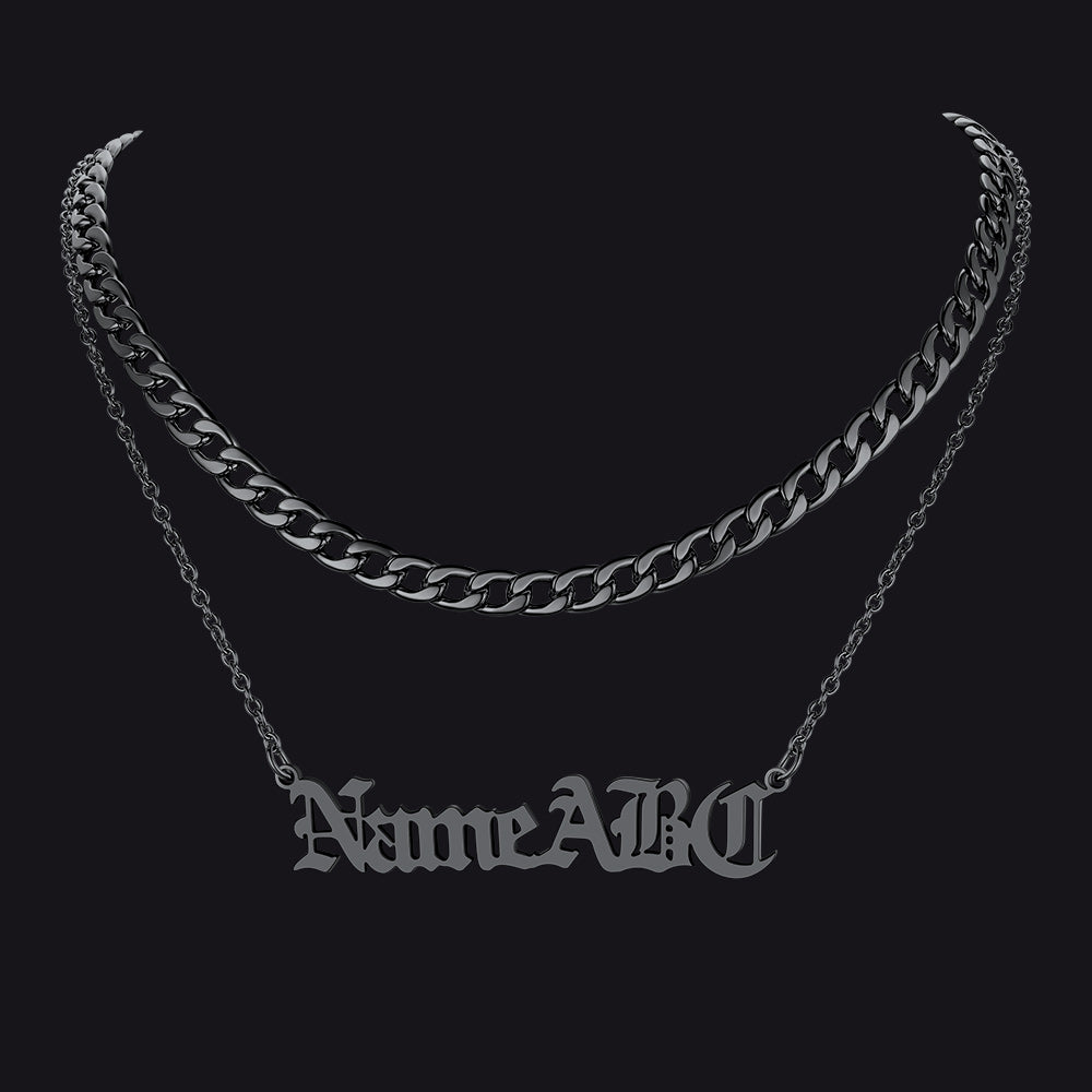 Black Stainless Steel Layered Cuban and Name Necklace Set for Him or Her