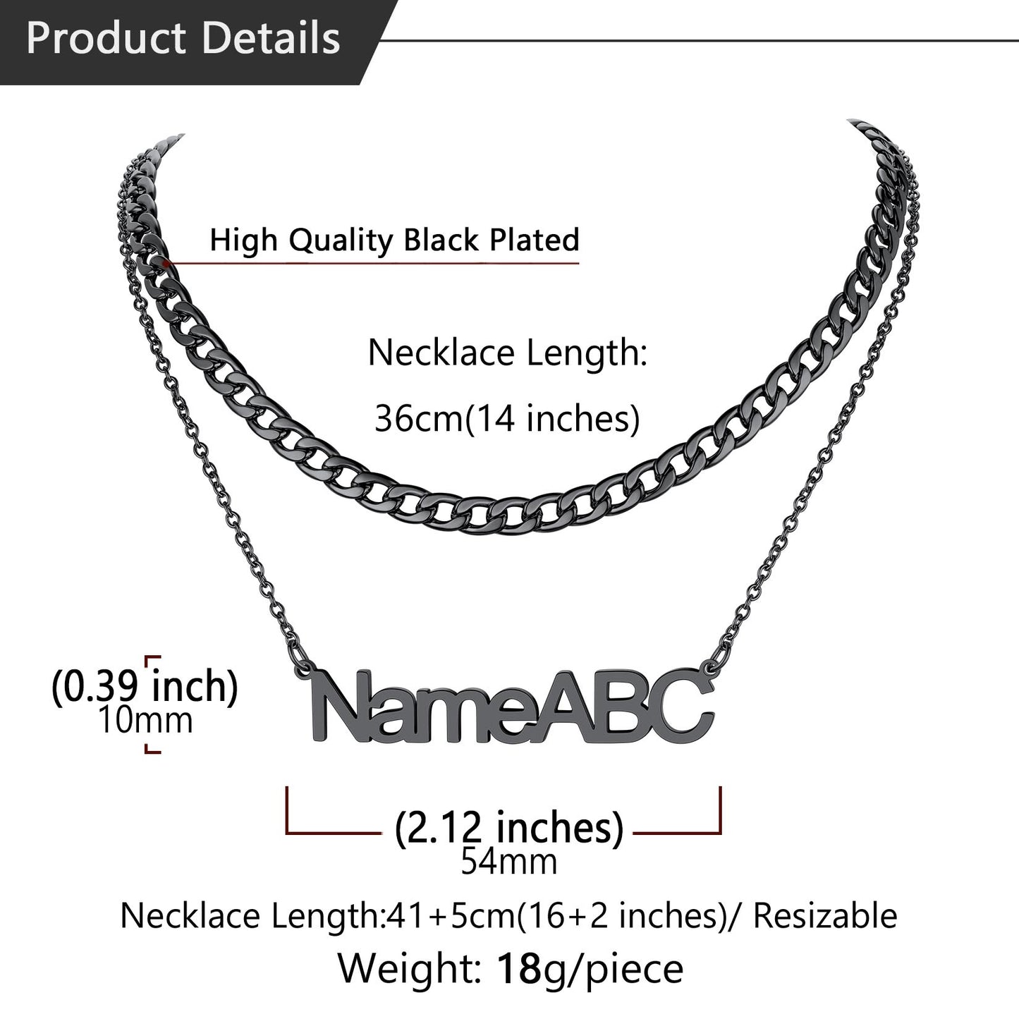 Black-plated necklace with 'NameABC' engraving, showing dimensions and weight.