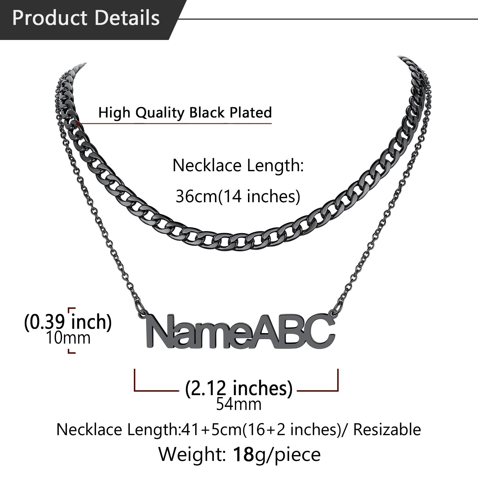 Black-plated necklace with 'NameABC' engraving, showing dimensions and weight.