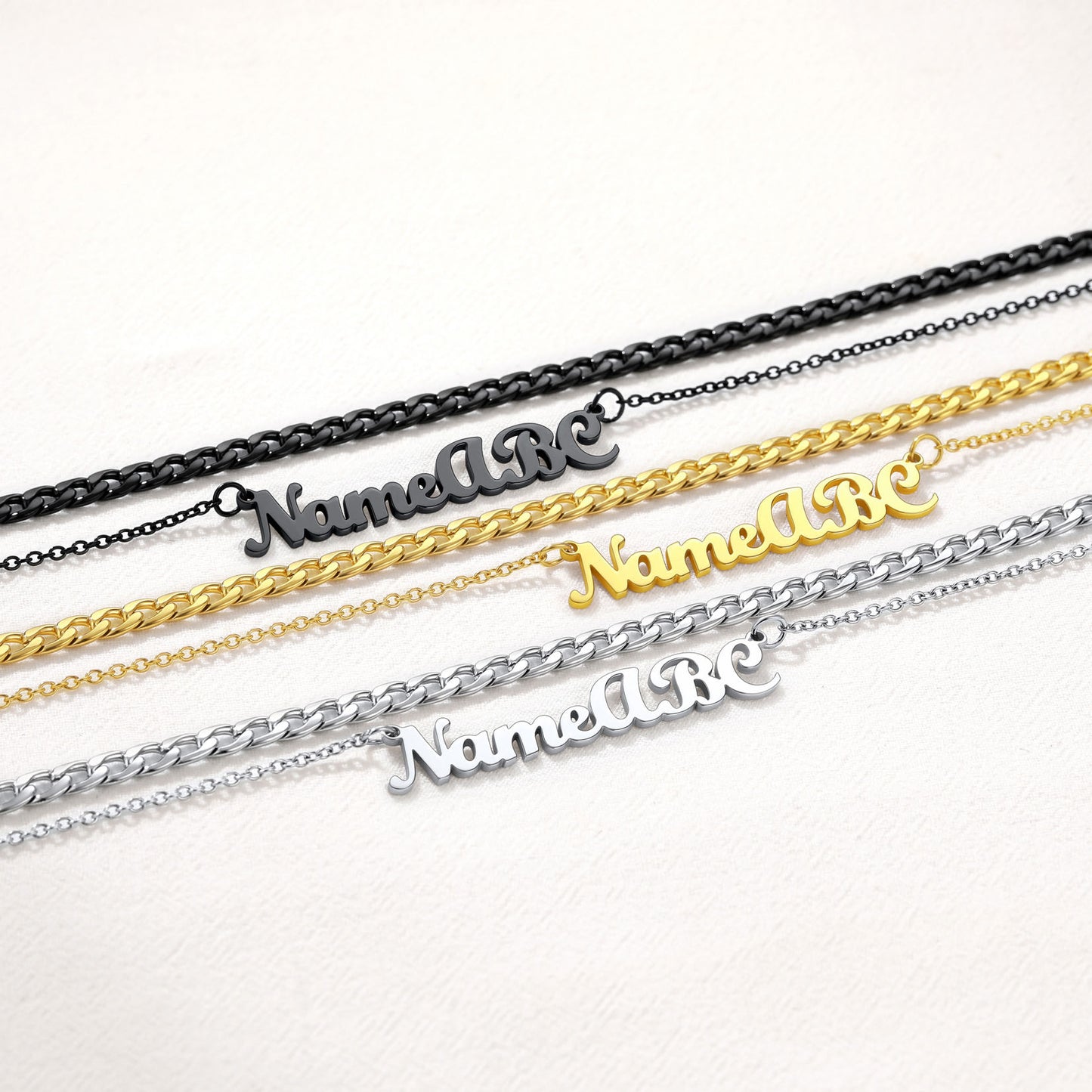 Close-Up of Steel Cuban Chain with Engraved Name Necklace in all color