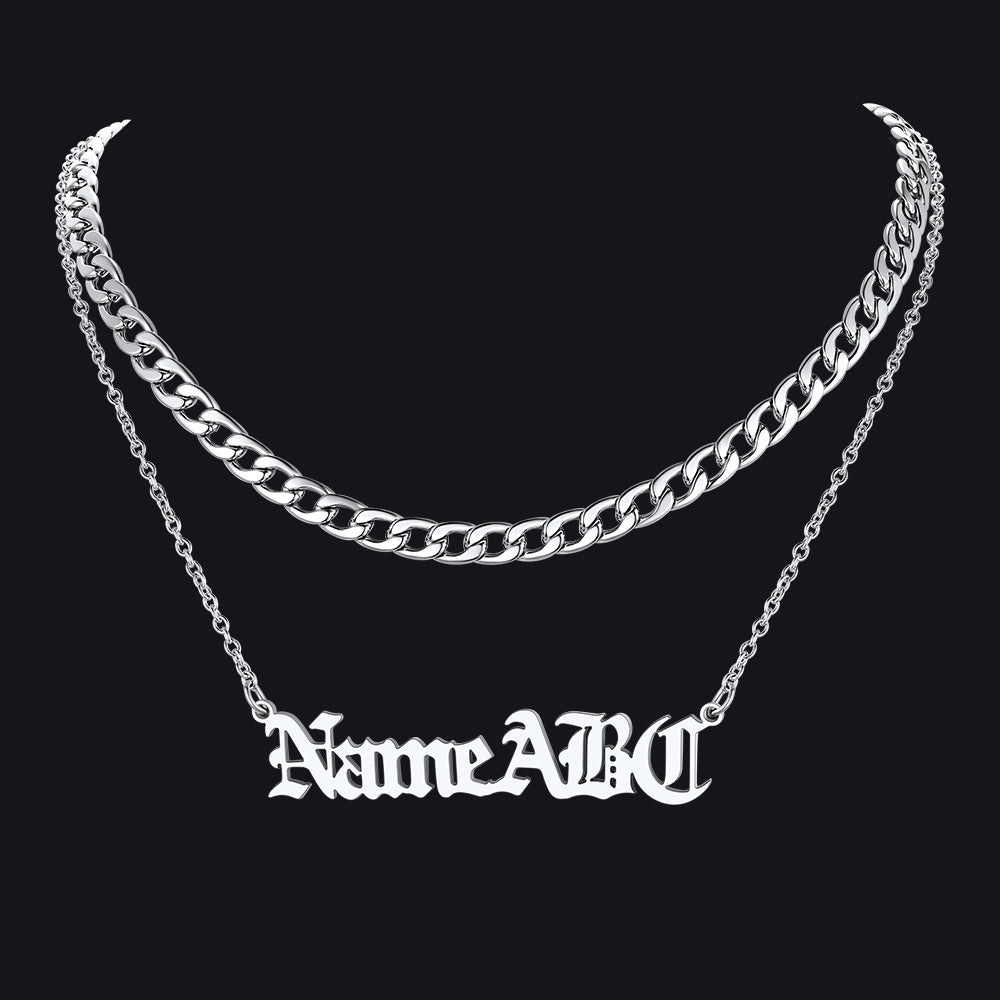 Steel Layered Cuban Chain and Custom Name Necklace Set for Men & Women