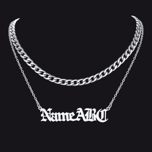 Steel Layered Cuban Chain and Custom Name Necklace Set for Men & Womenimg