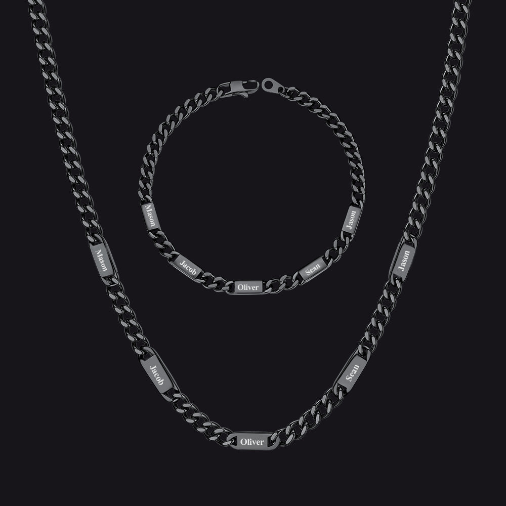 5mm Width Engraved Name Cuban Chain & 6mm Cuban Chain Set for Men