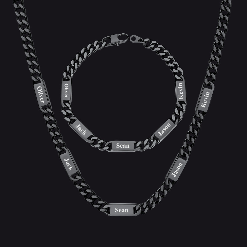 Black / 5 Names / 24 inch 7mm Engraved Name Cuban Chain & Bracelet Gift Set for Men