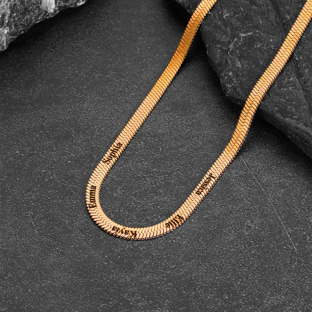 Rose gold custom snake chain necklace with engraved names