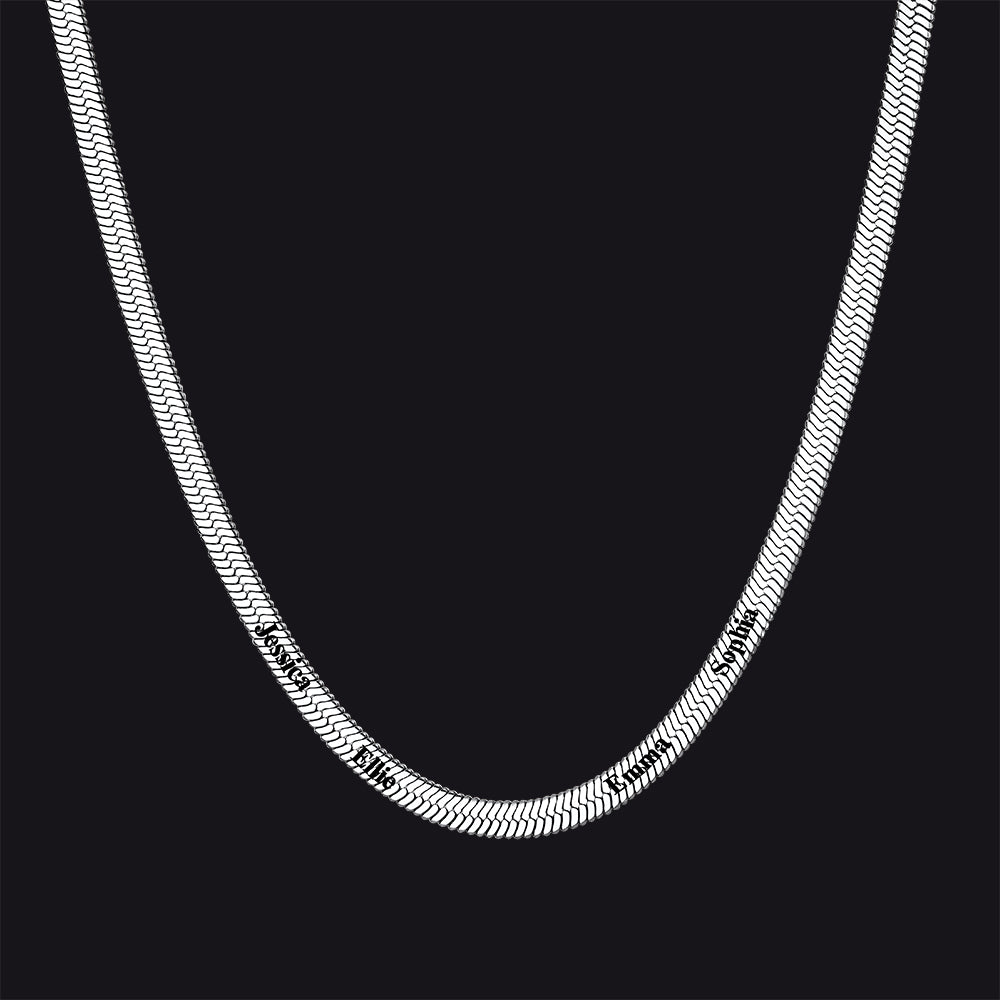 Silver snake chain choker with 4 engraved names, polished finish