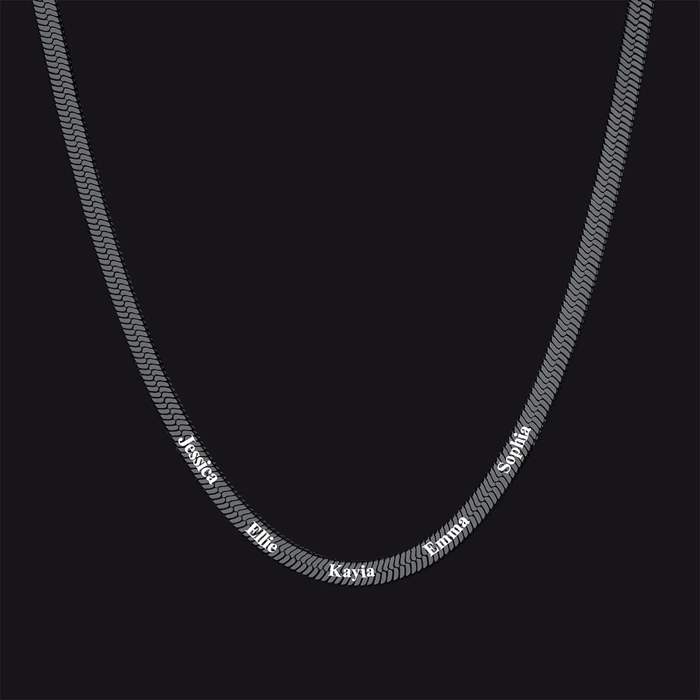 Black personalized name choker with 5 engraved names, durable and sleek