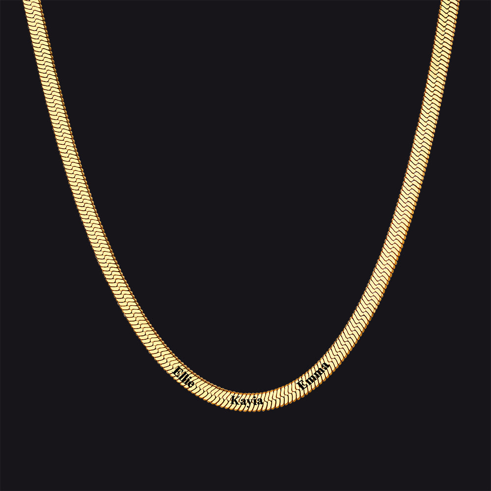Gold snake chain necklace with 3 engraved names, gift for mom or partner