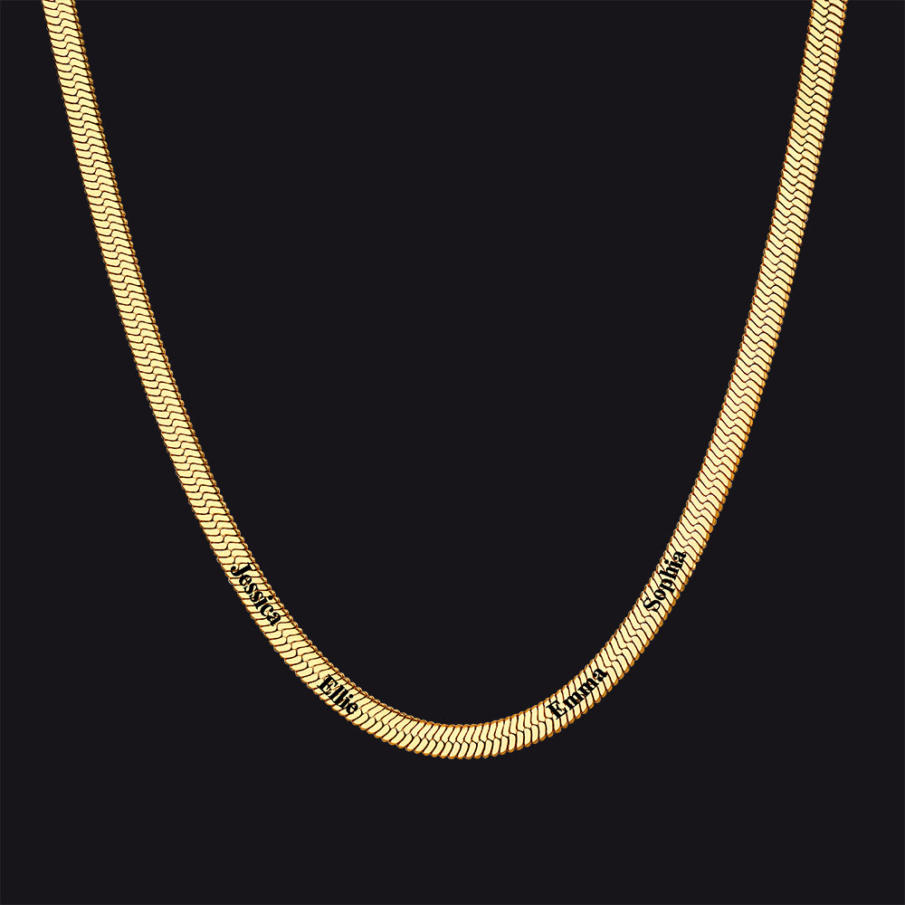 Gold personalized choker with 4 engraved names on polished chai