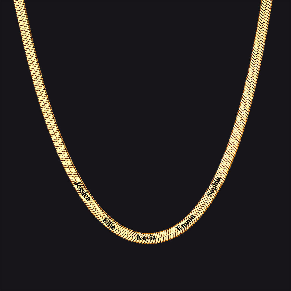 Gold custom engraved necklace with 5 names, family memory gift