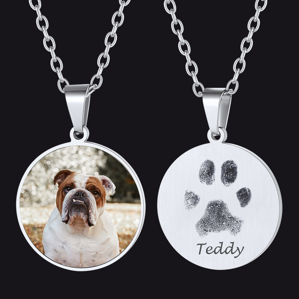 Custom pet photo necklace with fingerprint engraving in silver stainless steel