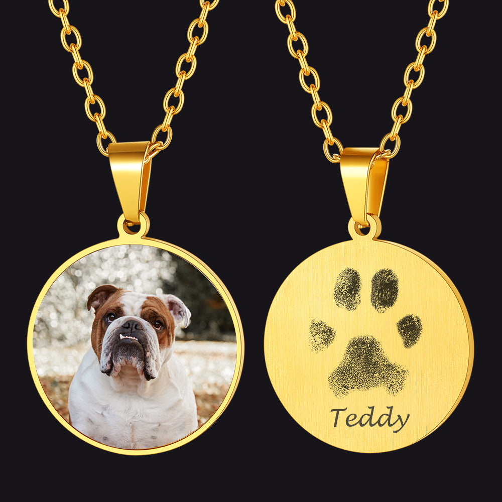 Gold memorial necklace with pet picture and pawprint engraving