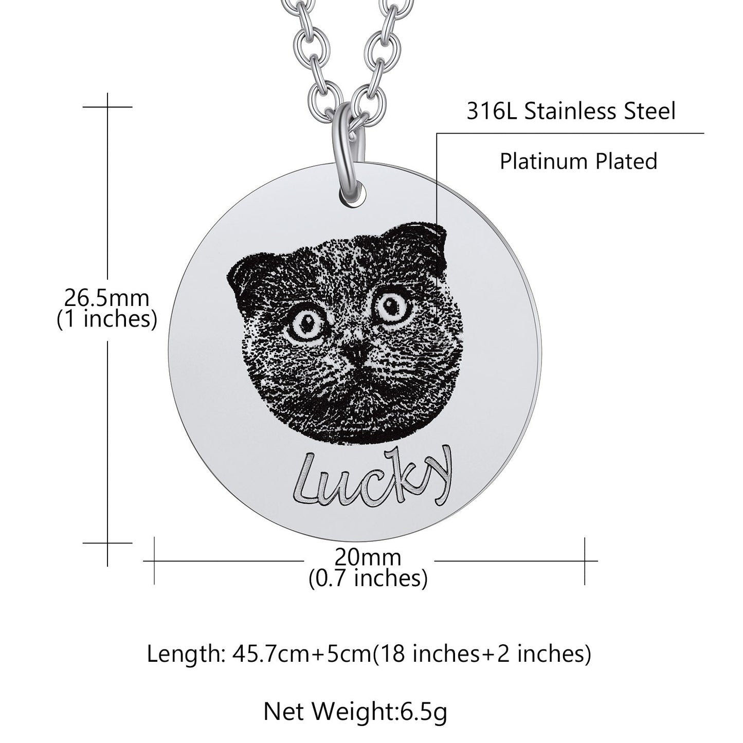 Size guide for personalized pet portrait necklace with chain and pendant dimensions