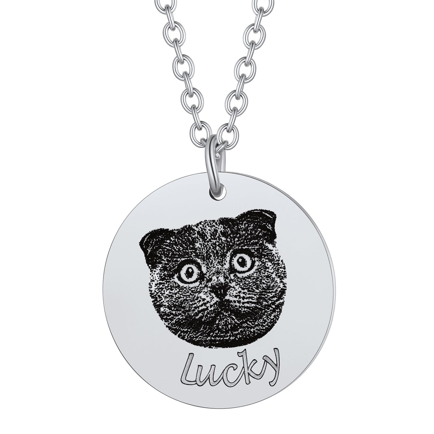 Silver custom dog portrait necklace with 1 engraved round pendant