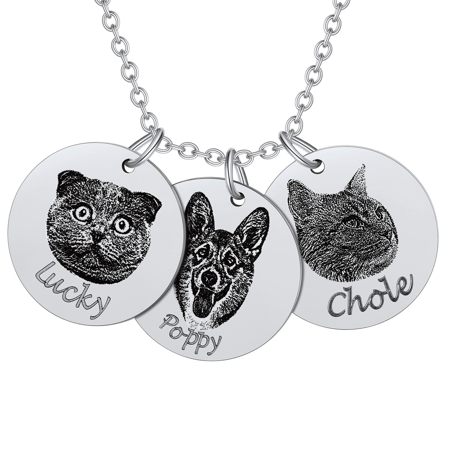 Silver engraved dog face necklace with 3 stacked round charms, stainless steel