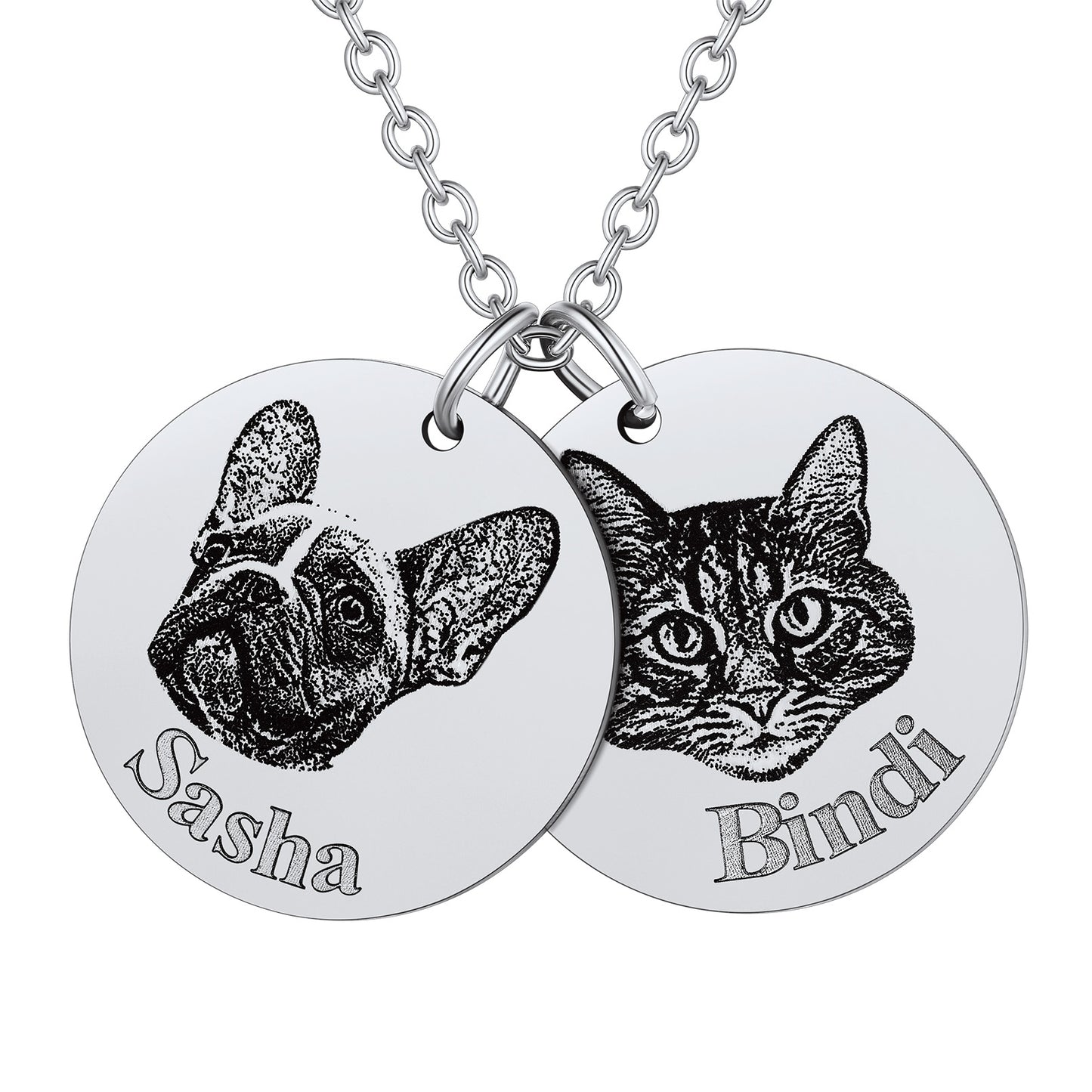 Silver pet memorial necklace with 2 custom photo discs, personalized for dog lovers