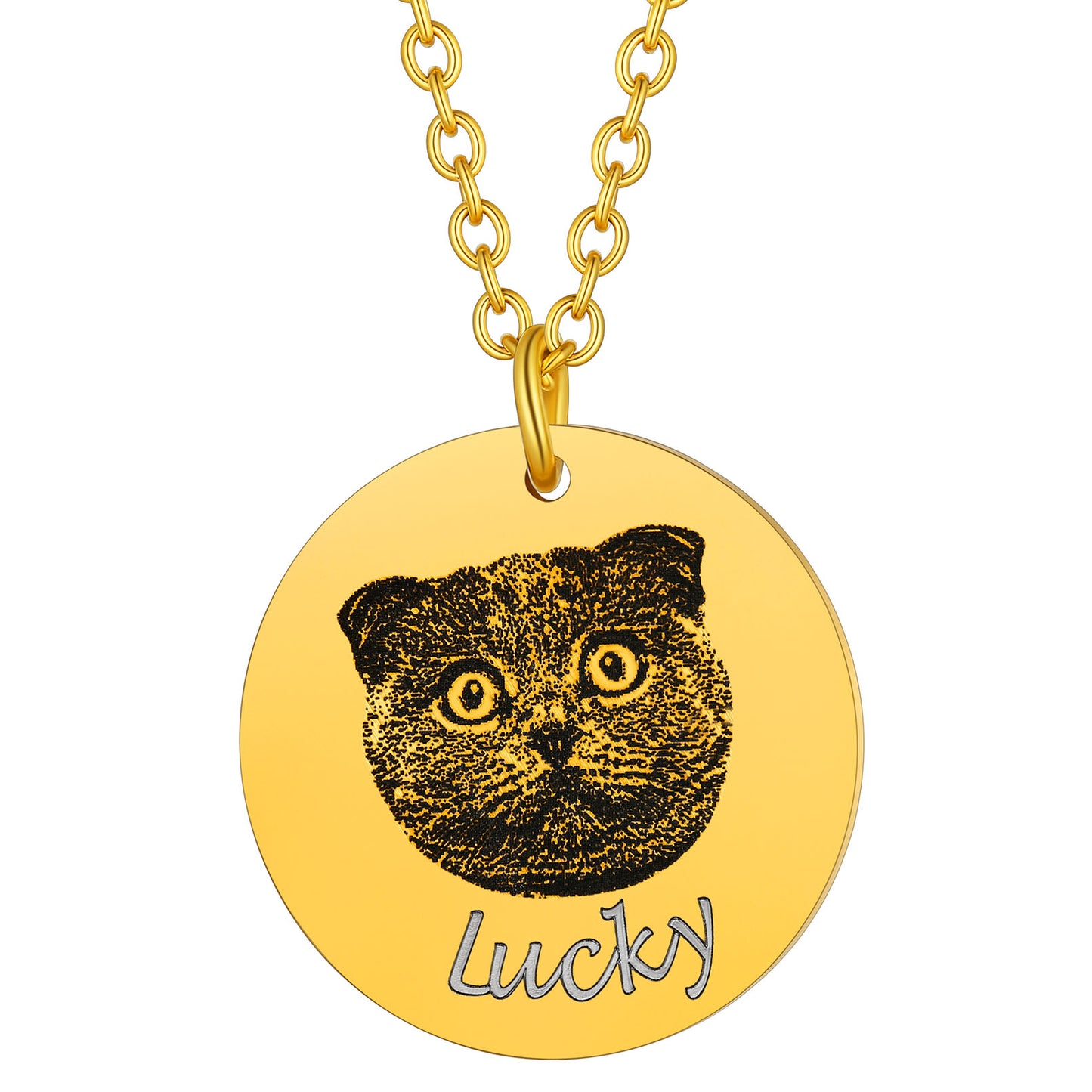 Gold personalized dog portrait necklace with 1 round charm pendant