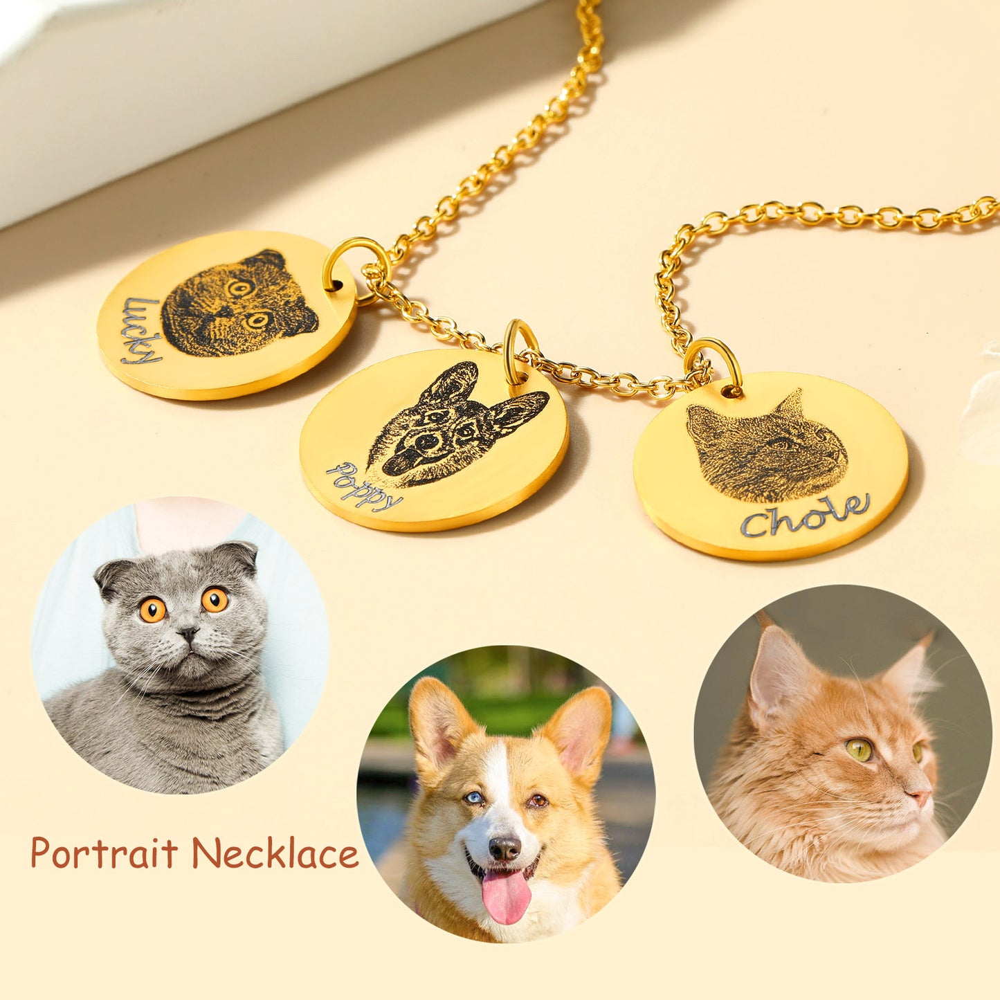 Gold multi-disc dog necklace with 3 pet portraits, engraved in gold-tone finish