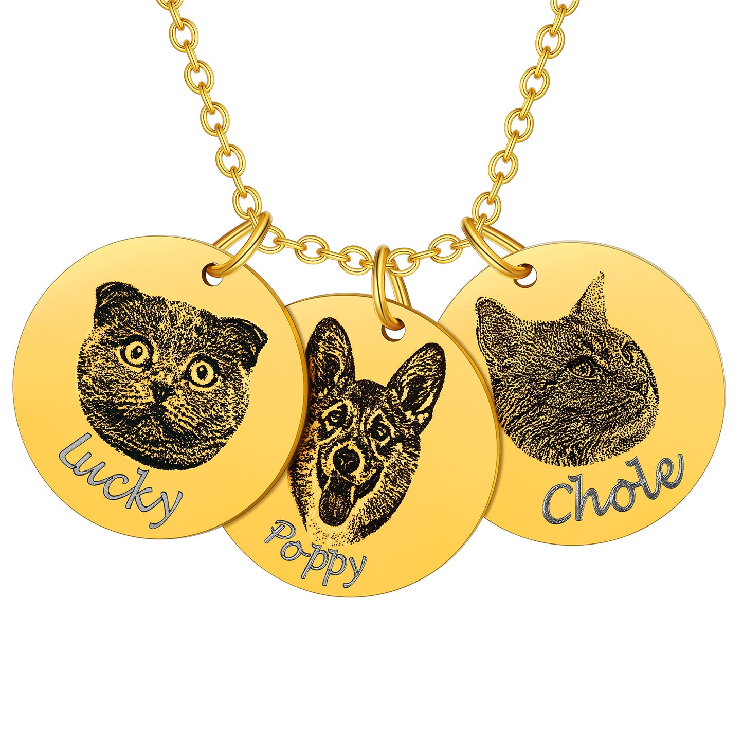 Gold multi-disc dog necklace with 3 pet portraits, engraved in gold-tone finish
