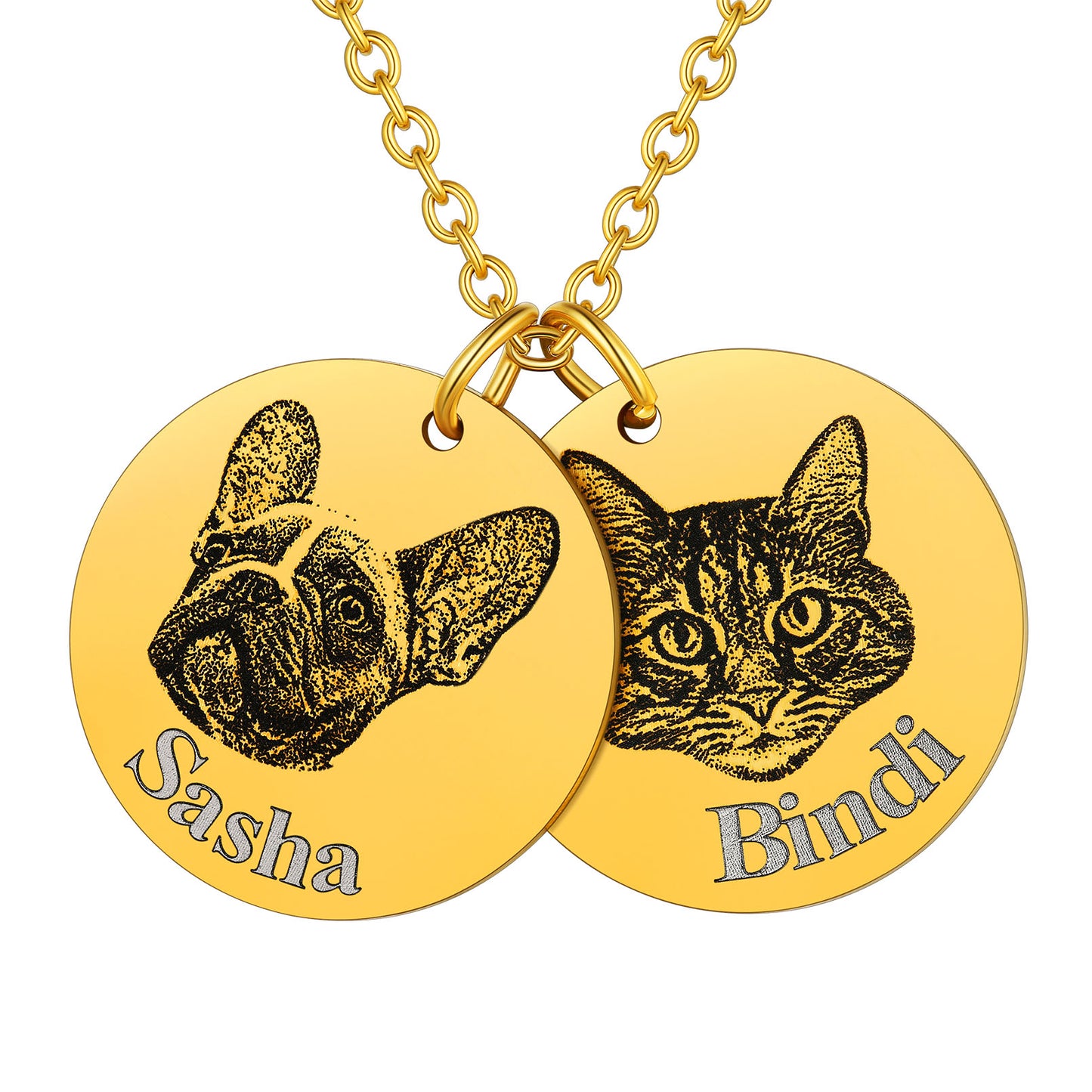 Gold custom dog necklace with 2 engraved discs, memorial jewelry for pet owners