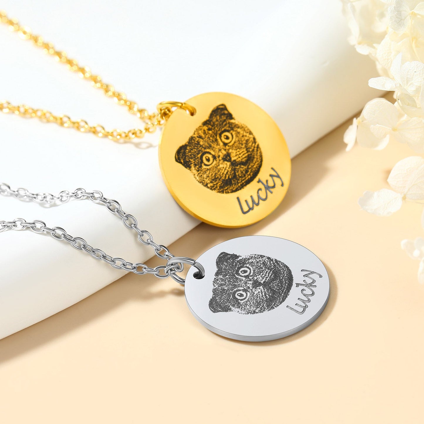 Personalized Gold& Silver Pet Dog Portrait Necklace