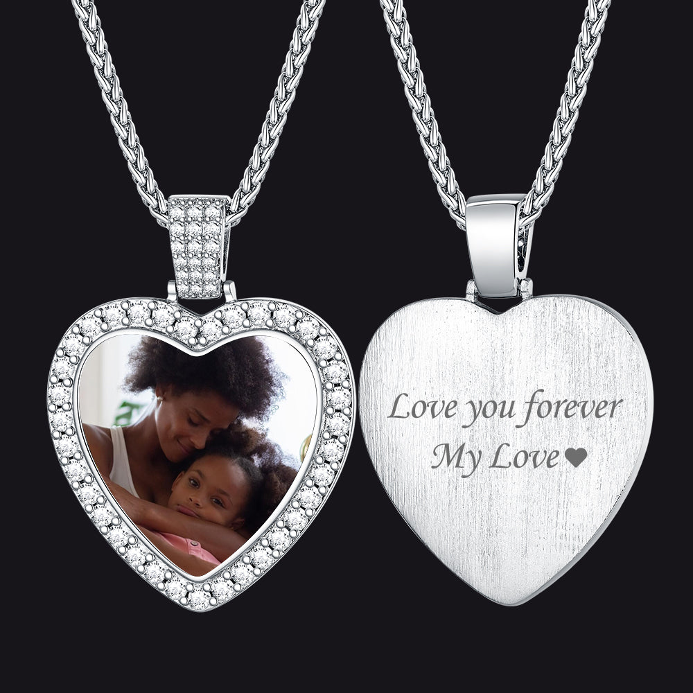 Personalized heart picture necklace with photo and cubic zirconia