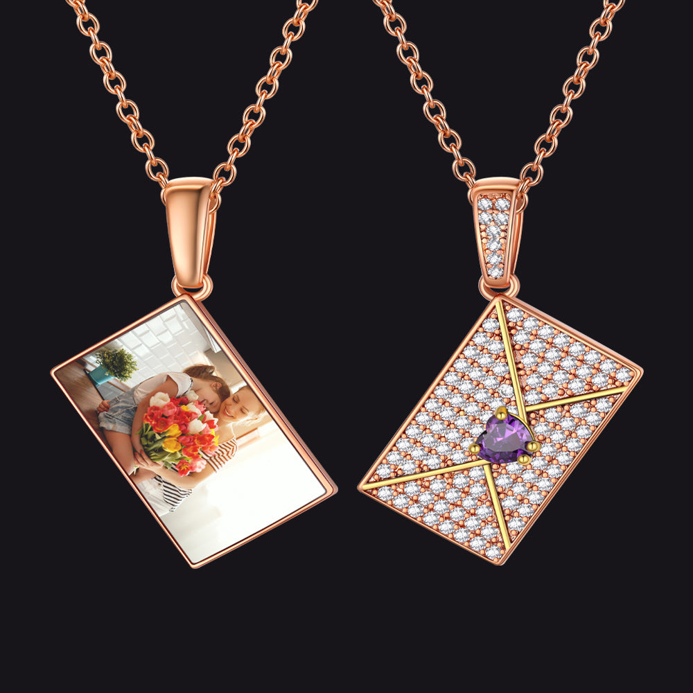 Persoanlised Picture CZ Envelop Necklace with Birthstone Gifts for Women