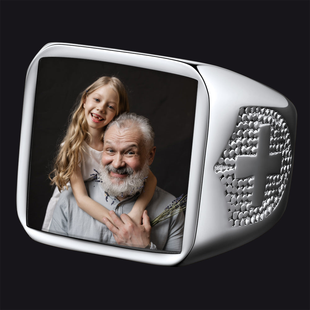 FaithHeart Custom Engraved Cross Signet Ring With Photo for Men FaithHeart