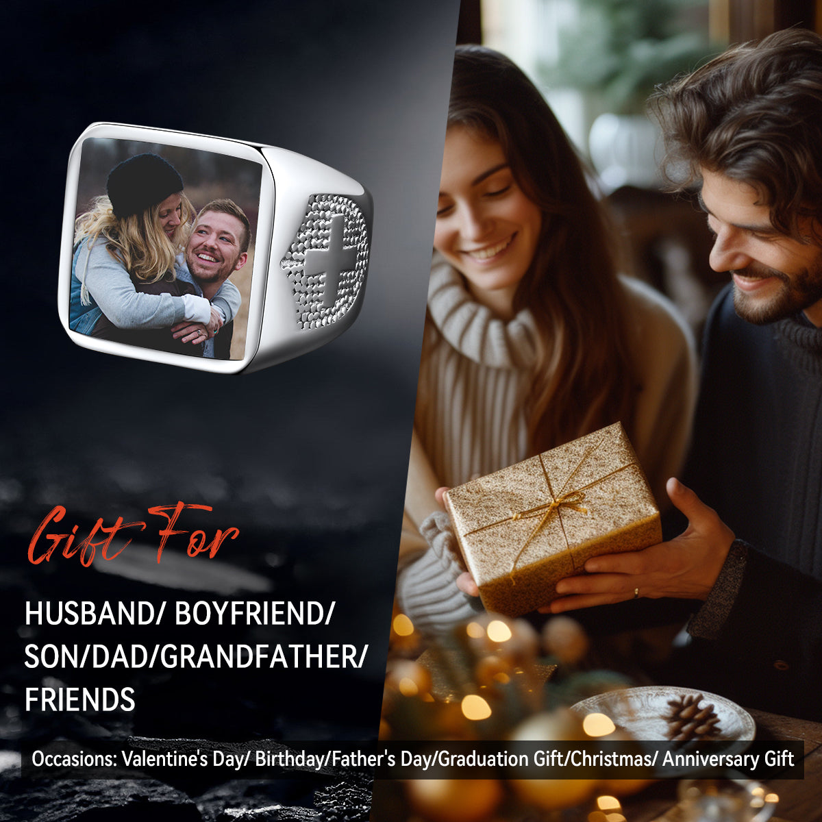 FaithHeart Custom Engraved Cross Signet Ring With Photo for Men FaithHeart