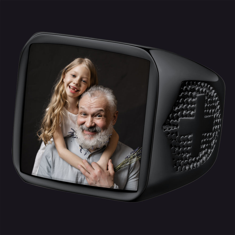 FaithHeart Custom Engraved Cross Signet Ring With Photo for Men FaithHeart