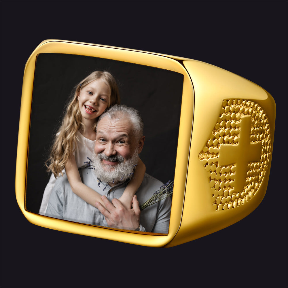 FaithHeart Custom Engraved Cross Signet Ring With Photo for Men FaithHeart