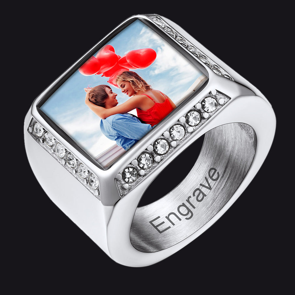 FaithHeart Personalized Pictures Name Engraving Stainless Steel Square Signet Ring FaithHeart