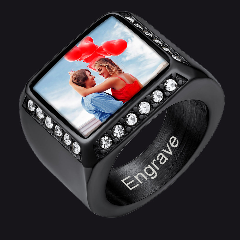 FaithHeart Personalized Pictures Name Engraving Stainless Steel Square Signet Ring FaithHeart