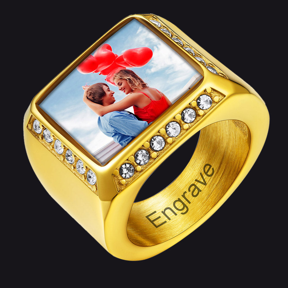 FaithHeart Personalized Pictures Name Engraving Stainless Steel Square Signet Ring FaithHeart