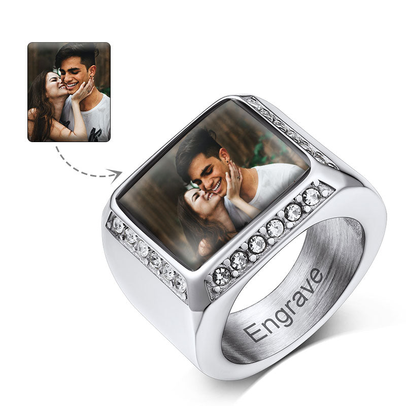 Stainless steel personalized photo ring with couple image, engraved Engrave