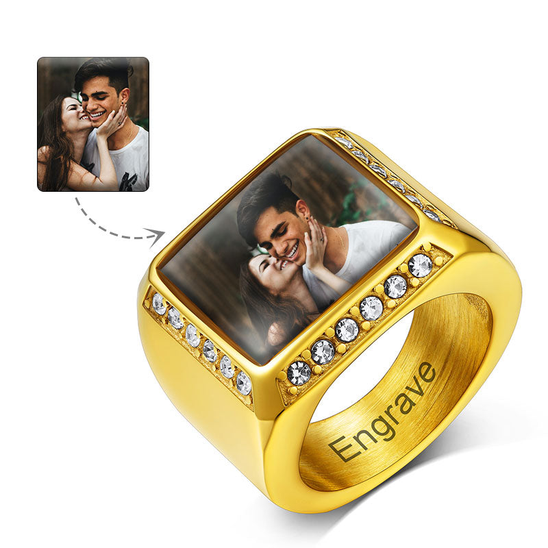 Gold signet ring with couple photo and Engrave.