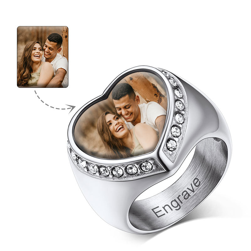 Personalized photo heart ring, engraved memorial jewelry