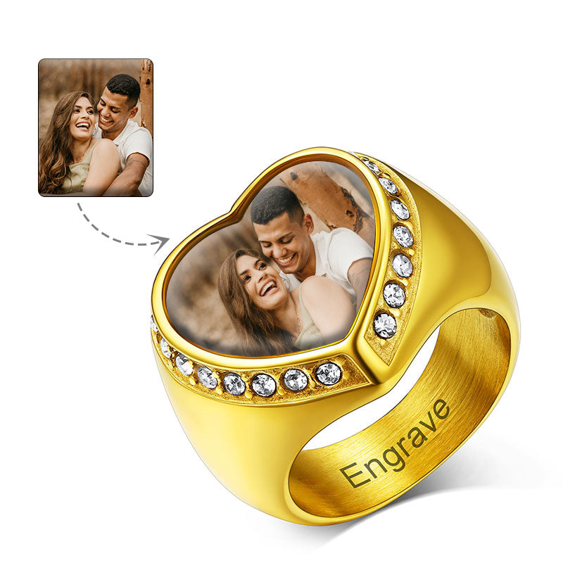 Custom Heart Photo Ring with Sparkling Stones